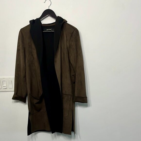 Zara Knit Faux Suede Hooded Drape Coat - Picture 1 of 4